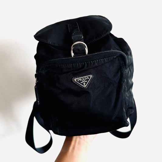 Prada Black Tessuto Classic Logo Nylon & Leather Flap Backpack Drawstring Bag