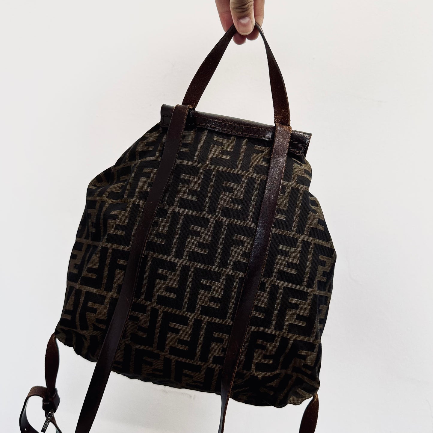 Fendi Brown Zucca FF Monogram Logo Vintage Flap Backpack Drawstring Bag