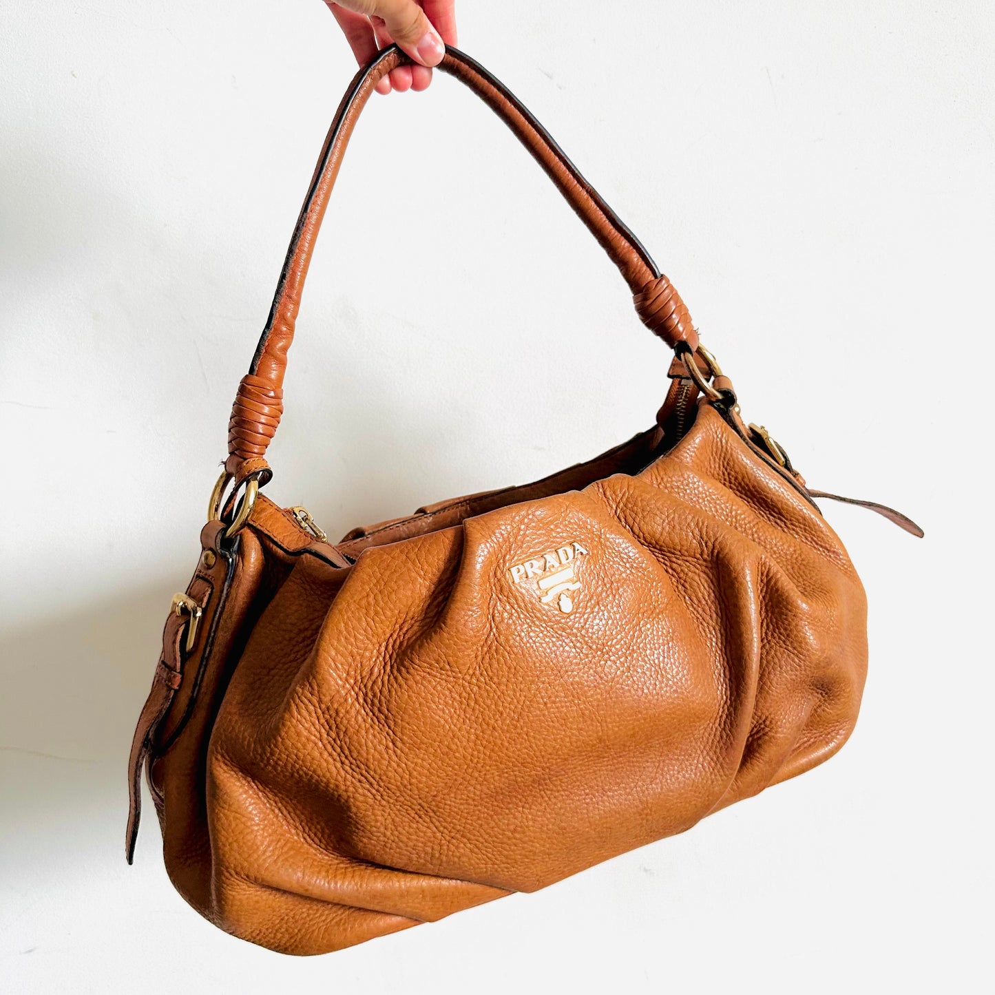 Prada Caramel Brown GHW Classic Monogram Logo Leather Hobo Baguette Shoulder Bag