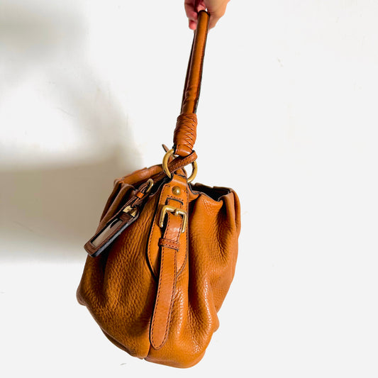 Prada Caramel Brown GHW Classic Monogram Logo Leather Hobo Baguette Shoulder Bag