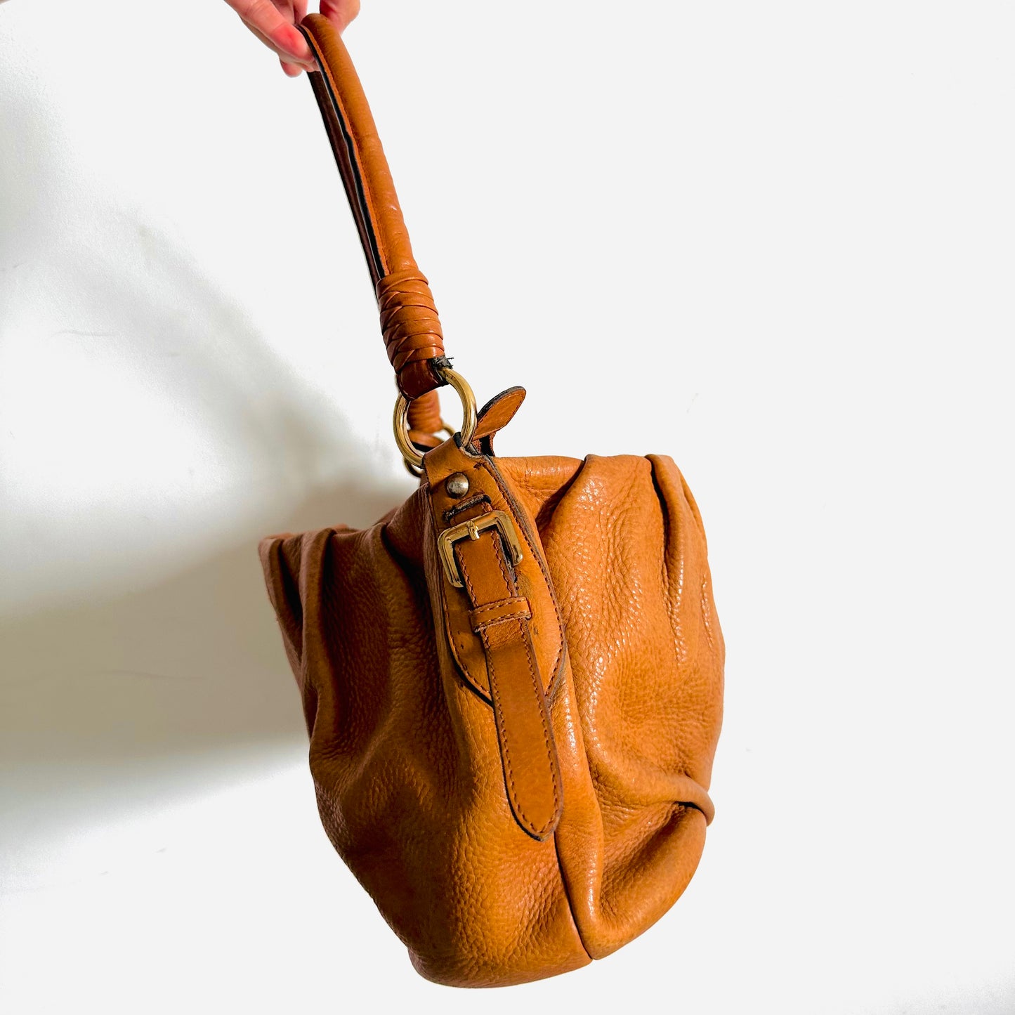 Prada Caramel Brown GHW Classic Monogram Logo Leather Hobo Baguette Shoulder Bag