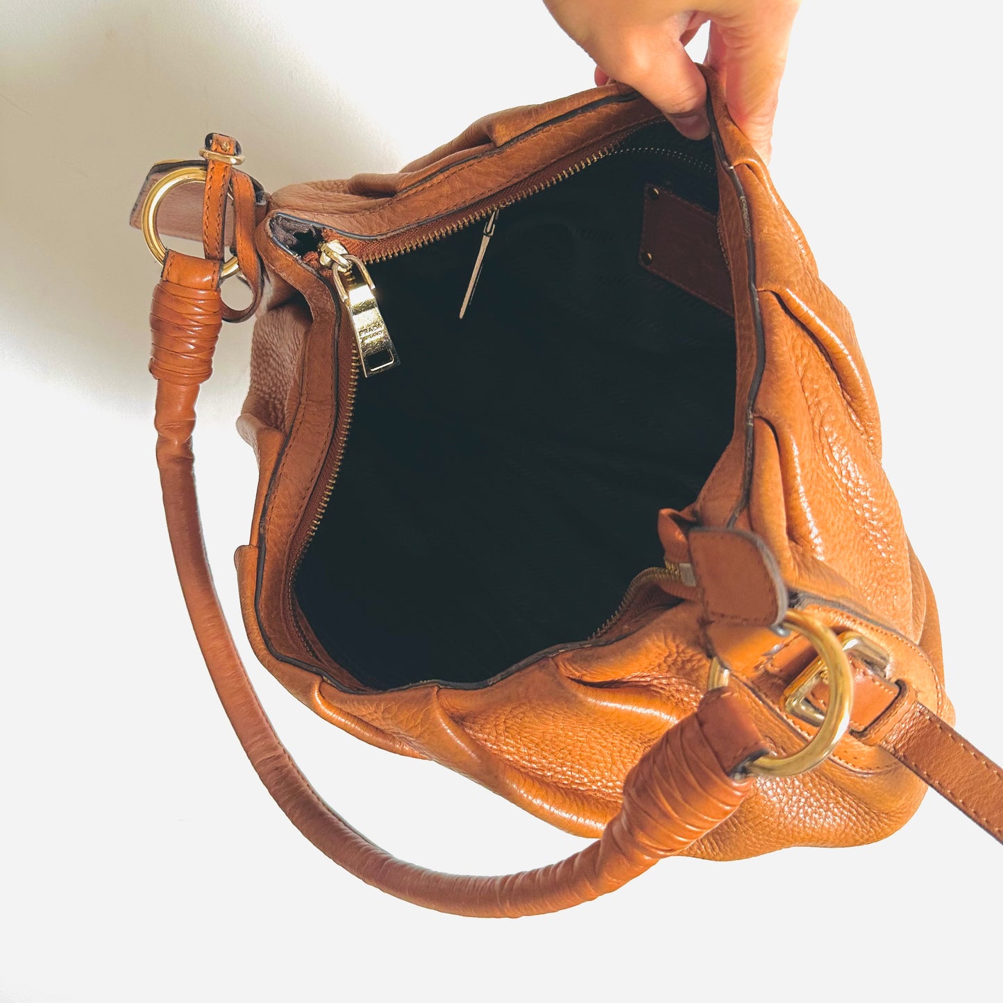 Prada Caramel Brown GHW Classic Monogram Logo Leather Hobo Baguette Shoulder Bag