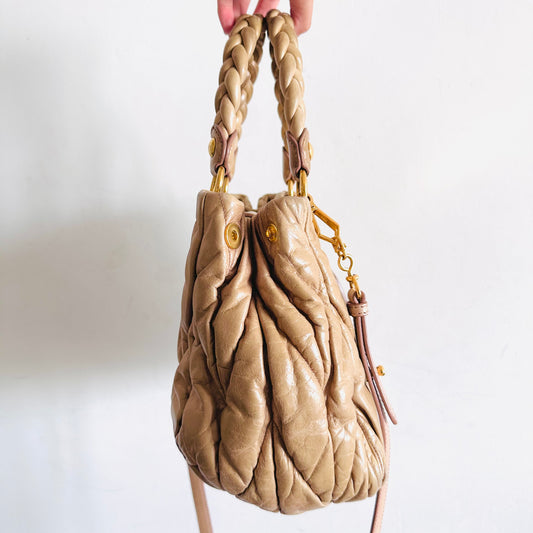 Miu Miu Blush Pink GHW Matelasse Lux Leather Classic Logo 2-Way Bauletto Hobo Shopper Shoulder Baguette Sling Bag