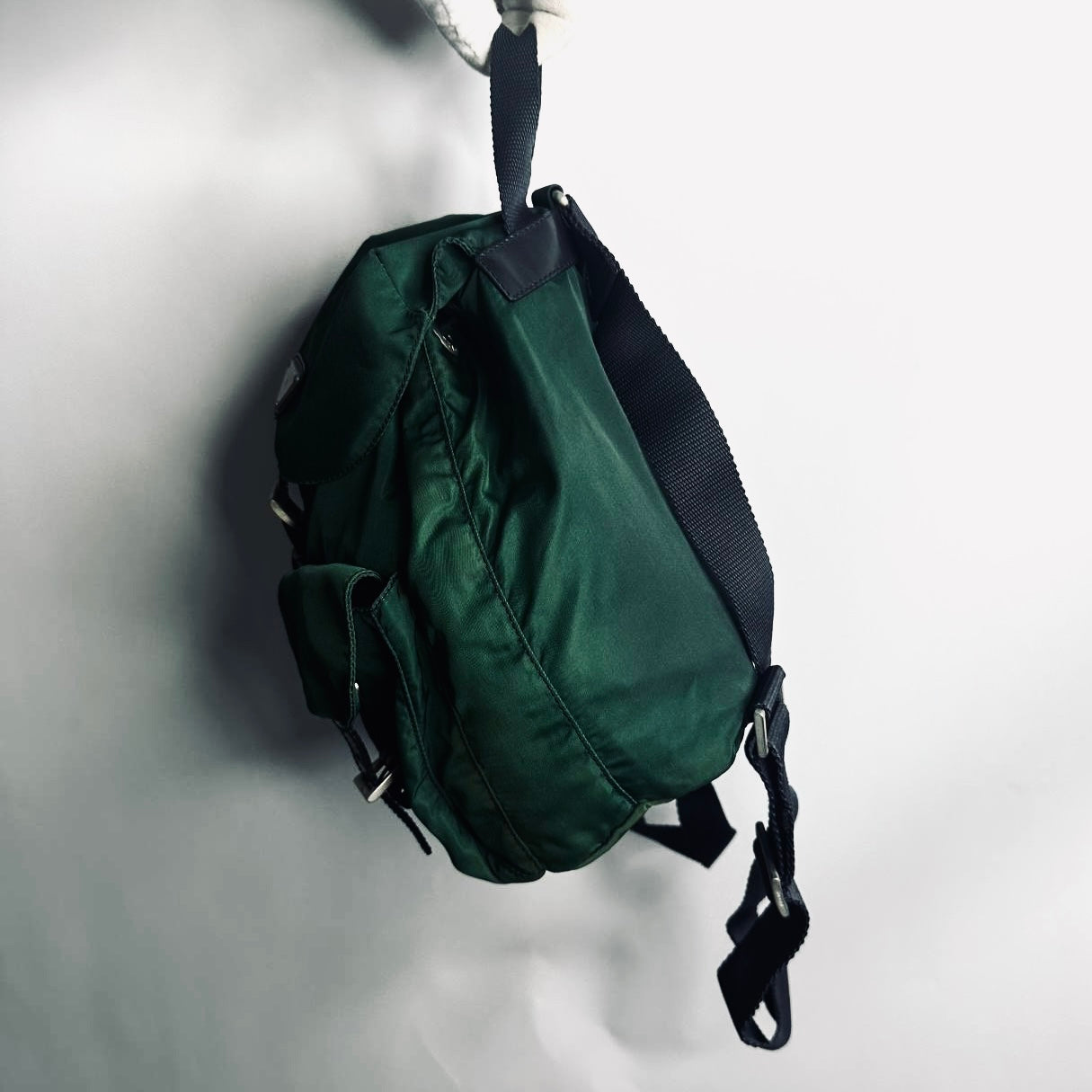 Prada Green Vela Monogram Logo Nylon & Leather Flap Backpack Drawstring Bag