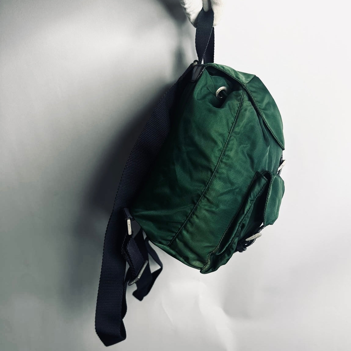 Prada Green Vela Monogram Logo Nylon & Leather Flap Backpack Drawstring Bag