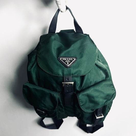 Prada Green Vela Monogram Logo Nylon & Leather Flap Backpack Drawstring Bag