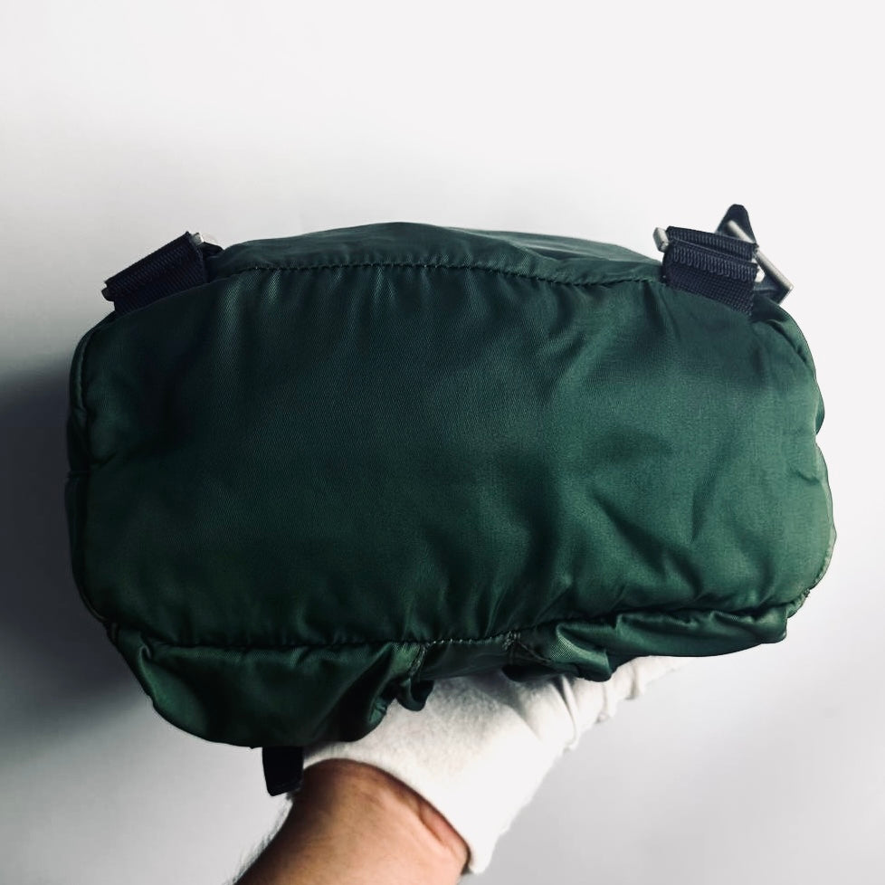 Prada Green Vela Monogram Logo Nylon & Leather Flap Backpack Drawstring Bag