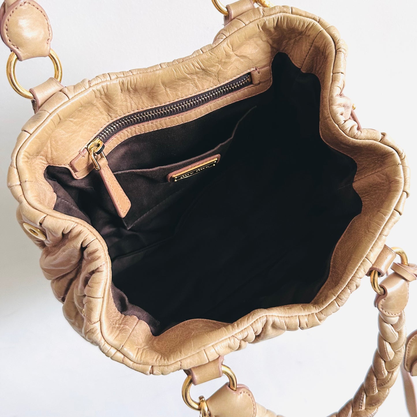 Miu Miu Blush Pink GHW Matelasse Lux Leather Classic Logo 2-Way Bauletto Hobo Shopper Shoulder Baguette Sling Bag