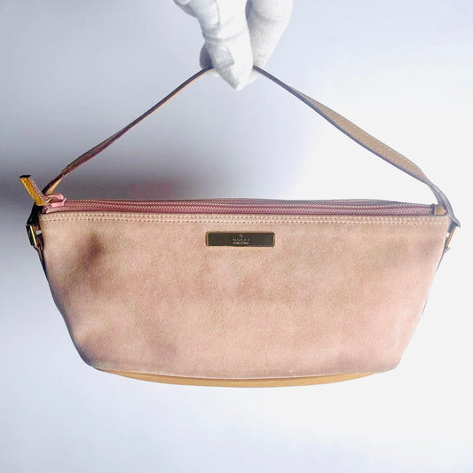 Gucci Blush Pink / Tan Suede Monogram Logo GHW Mini Pochette Accessories Hobo Shoulder Bag