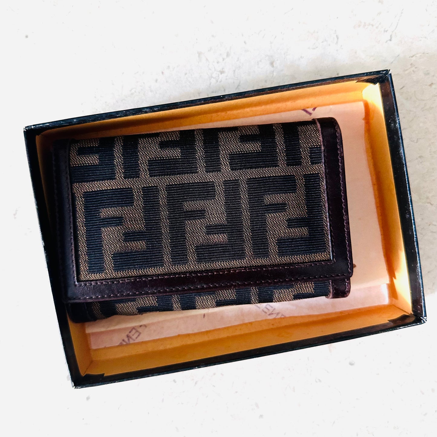 Fendi Dark Brown Zucca FF Monogram Logo Flap Compact Wallet