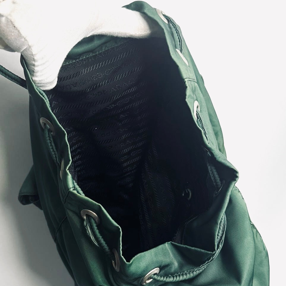 Prada Green Vela Monogram Logo Nylon & Leather Flap Backpack Drawstring Bag