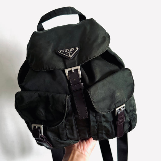 Prada Dark Khaki Tessuto Classic Logo Nylon & Leather Backpack Drawstring Bag