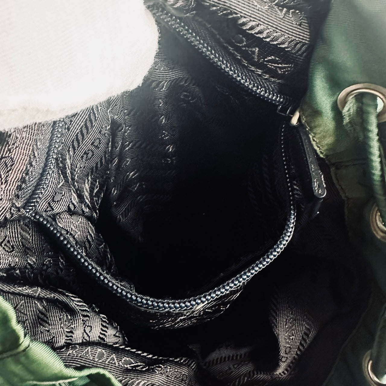 Prada Green Vela Monogram Logo Nylon & Leather Flap Backpack Drawstring Bag