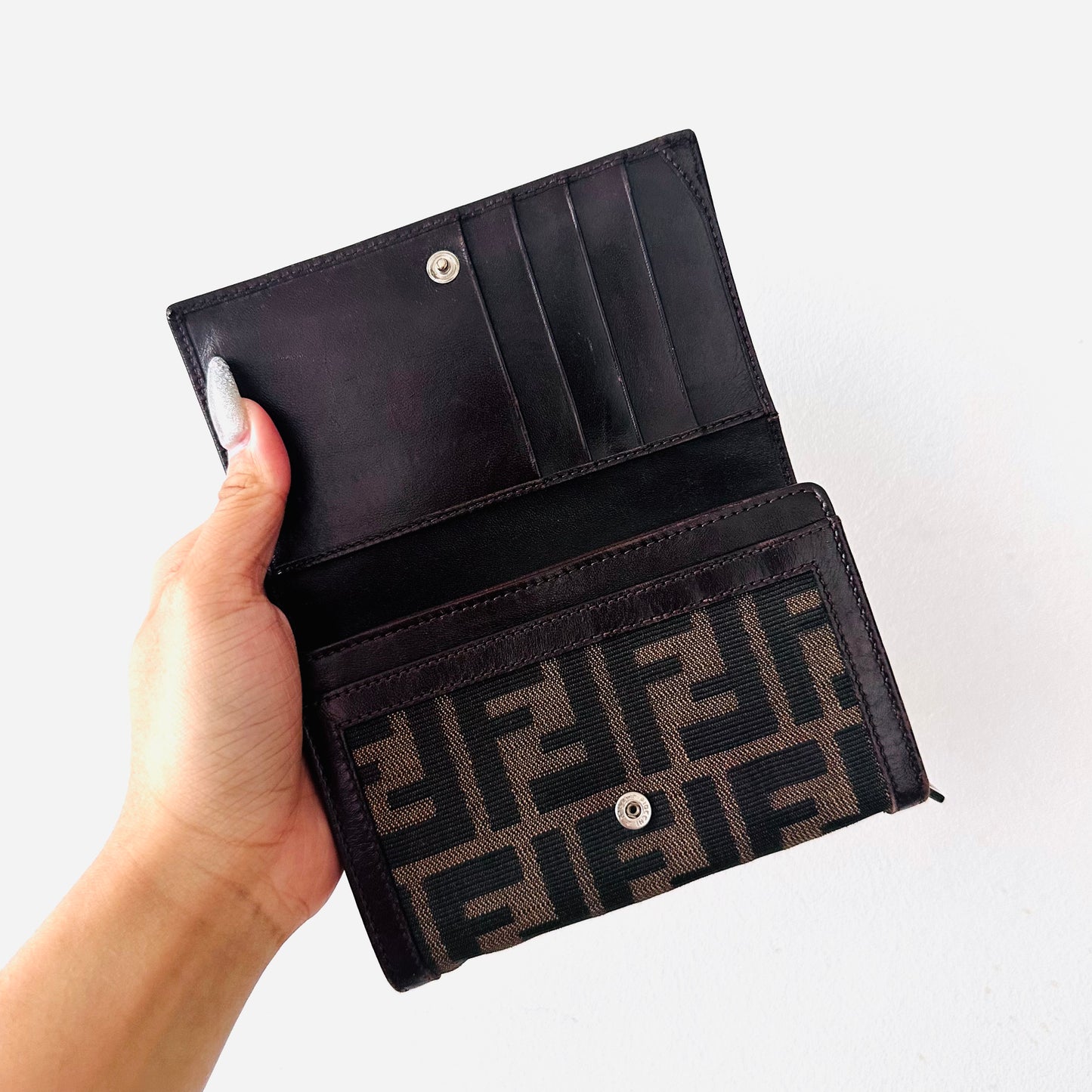 Fendi Dark Brown Zucca FF Monogram Logo Flap Compact Wallet