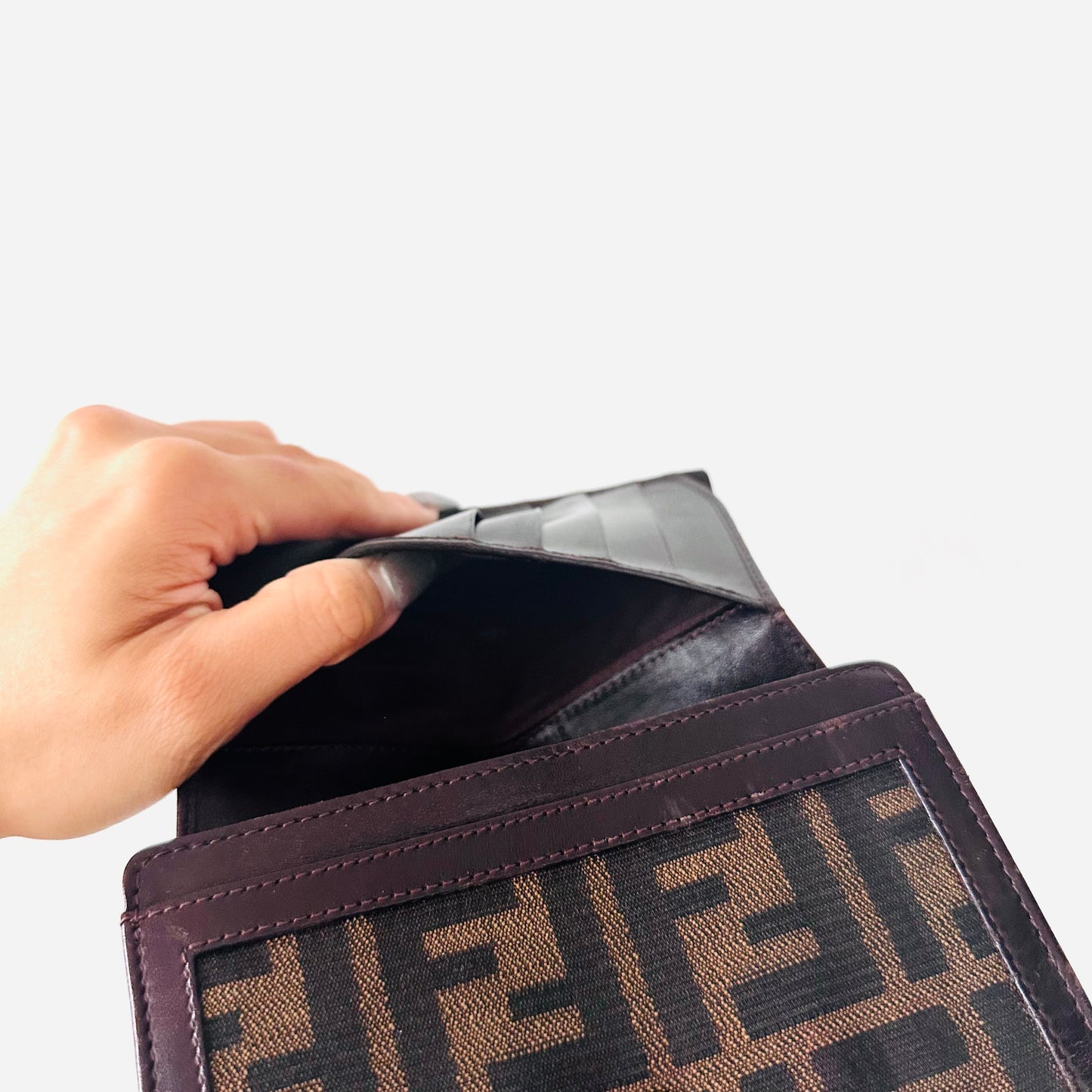 Fendi Dark Brown Zucca FF Monogram Logo Flap Compact Wallet
