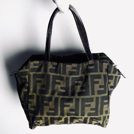 Fendi Brown Zucca FF Monogram Logo Mini Bucket Dumpling Zip Tote Bag