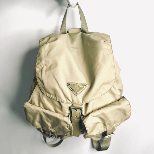 Prada Beige Tessuto Monogram Logo Nylon & Leather Flap Backpack Drawstring Bag