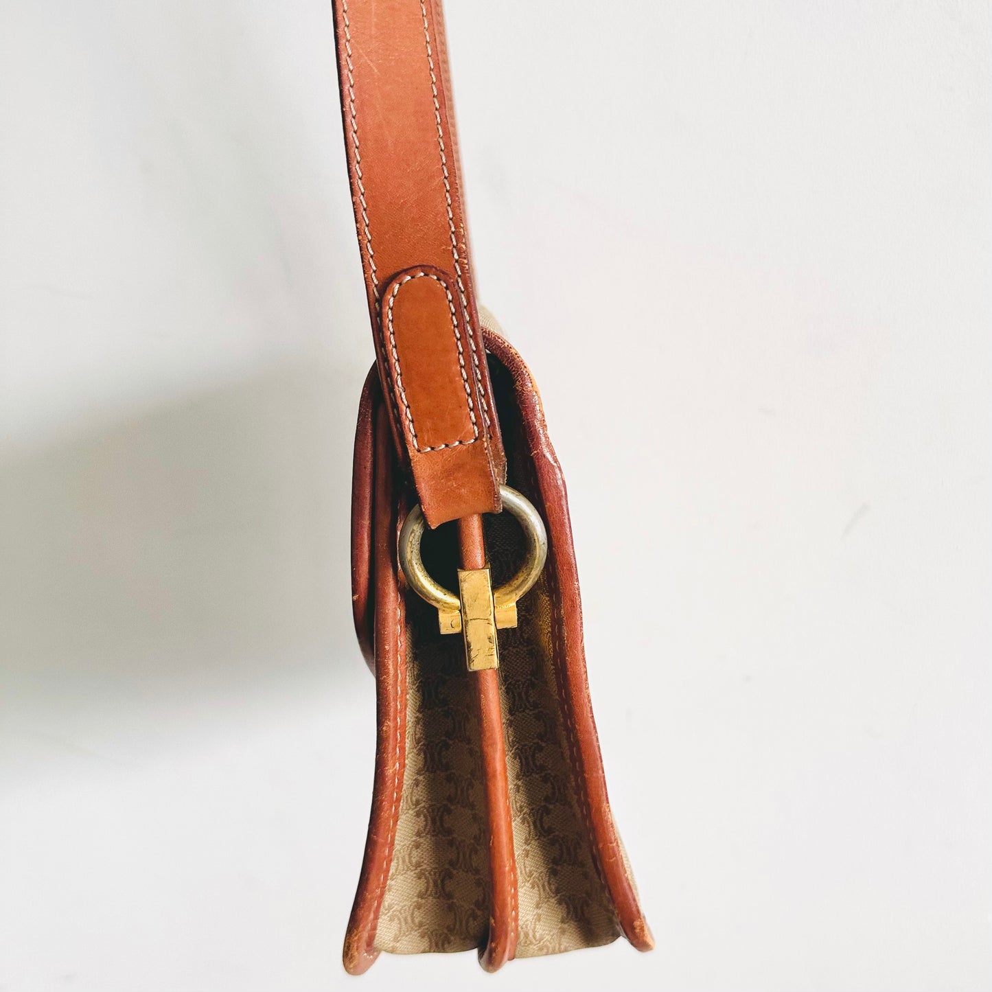 Celine Beige Triomphe Macadam Monogram Logo Flap Small Vintage Shoulder Sling Bag