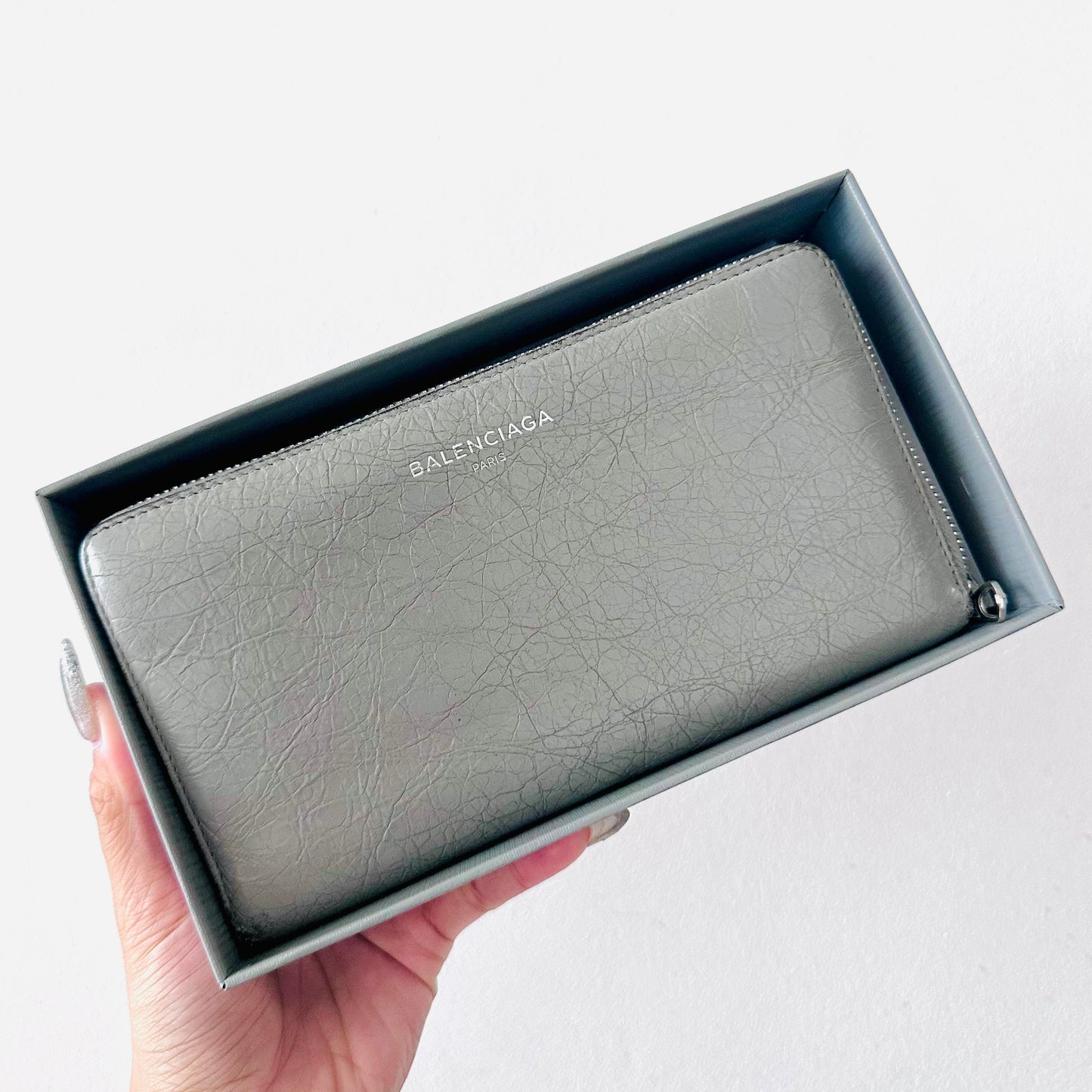 Balenciaga Grey Monogram Logo Embossed Leather Zippy Zip Around Wallet