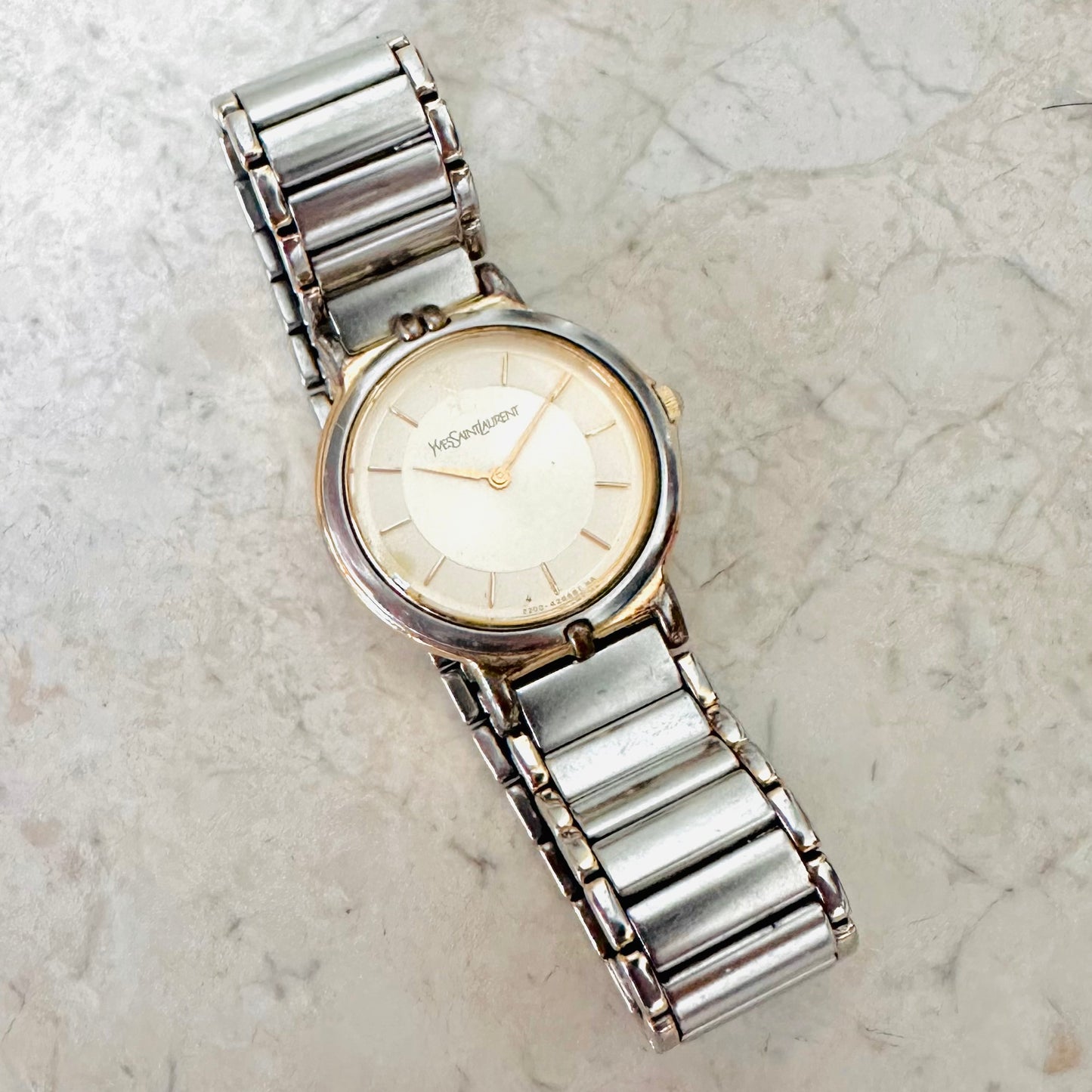 YSL Yves Saint Laurent Gold & Stainless Steel Round Circle Monogram Logo 23MM Quartz Watch