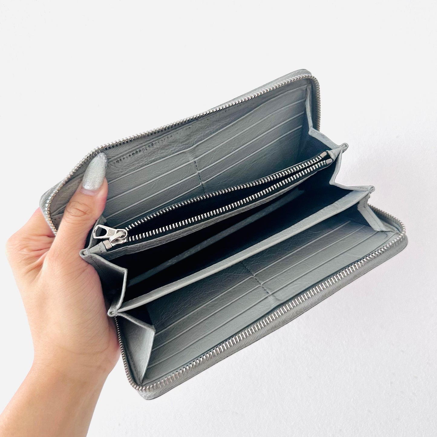 Balenciaga Grey Monogram Logo Embossed Leather Zippy Zip Around Wallet