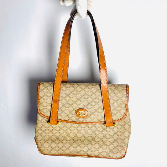 Celine Beige Triomphe Macadam Monogram Logo Vintage Flap Shopper Shoulder Tote Bag