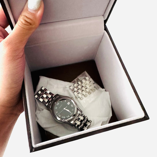 Gucci Black Round Dial Monogram Logo Stainless Steel 35MM Quartz Watch