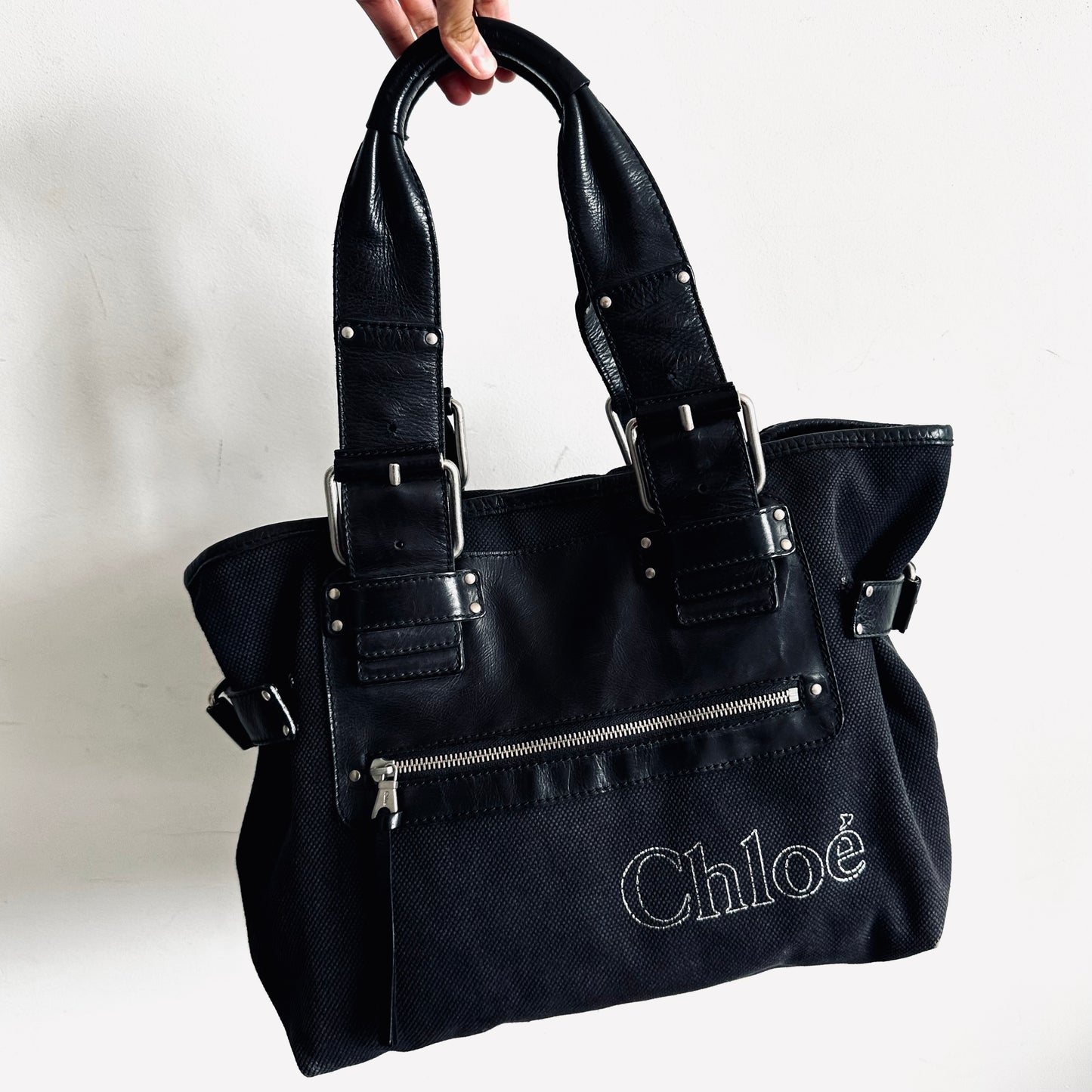 Chloe Patsy Black Classic Fabric & Leather Monogram Logo Shopper Shoulder Tote Bag