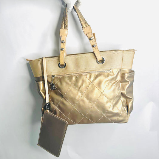 Chanel Beige Taupe Paris Biarritz CC Monogram Logo Quilted Fabric & Leather Shopper Shoulder Tote Bag With Pockets 11s