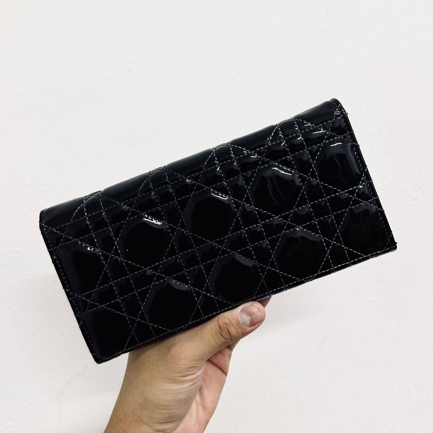 Christian Dior Black Lady Dior Flap CD Monogram Logo Quilted Cannage Patent Leather Long Flap Wallet