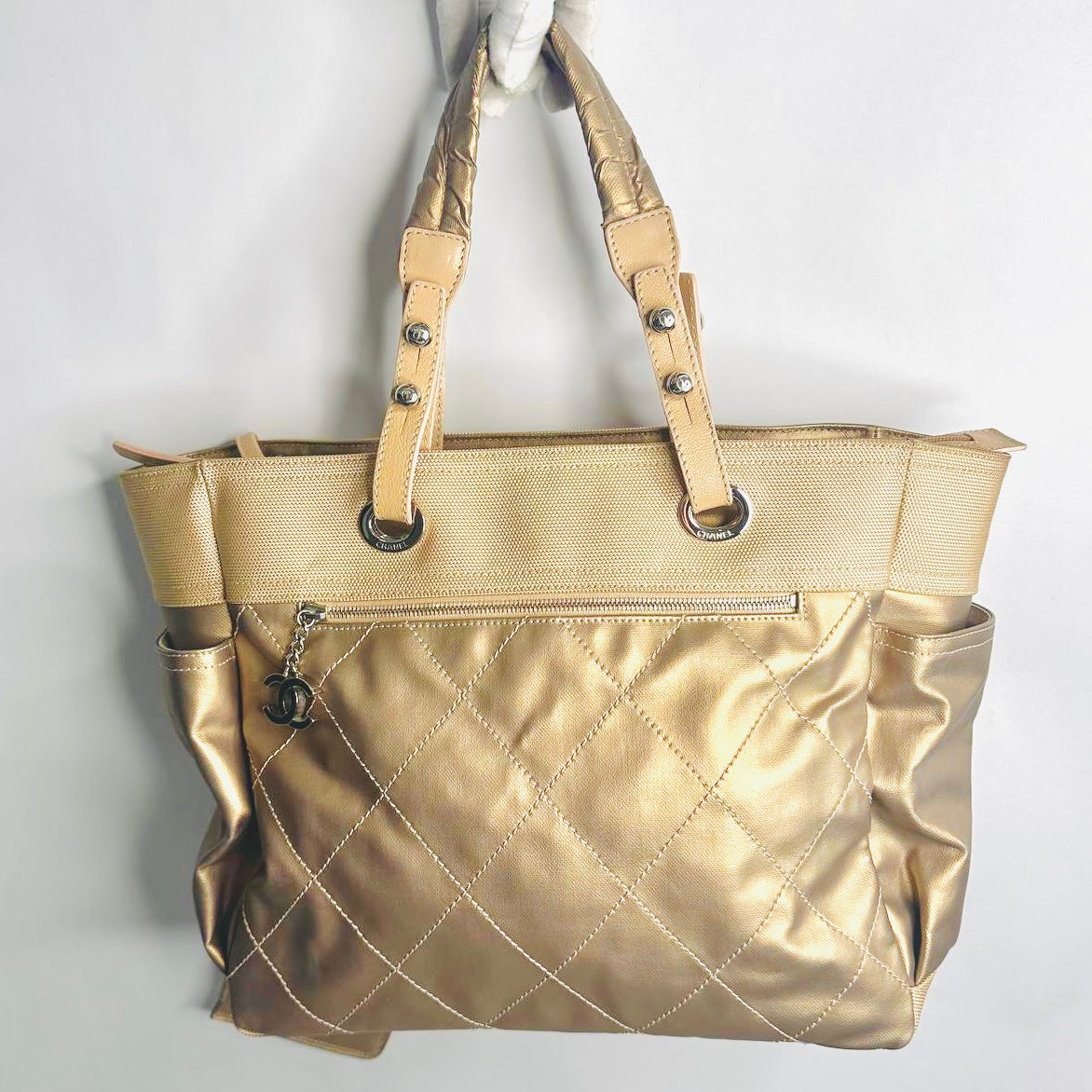 Chanel Beige Taupe Paris Biarritz CC Monogram Logo Quilted Fabric & Leather Shopper Shoulder Tote Bag With Pockets 11s