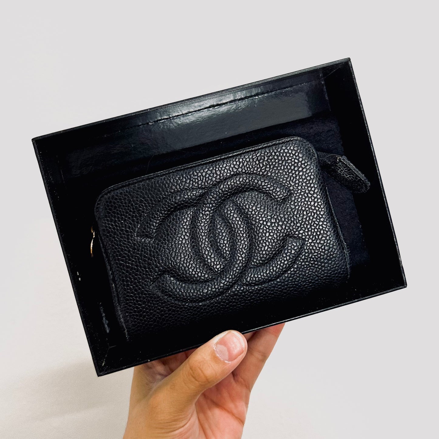 Chanel Black GHW Caviar Giant CC Monogram Logo Zip Pouch Clutch Case 4s