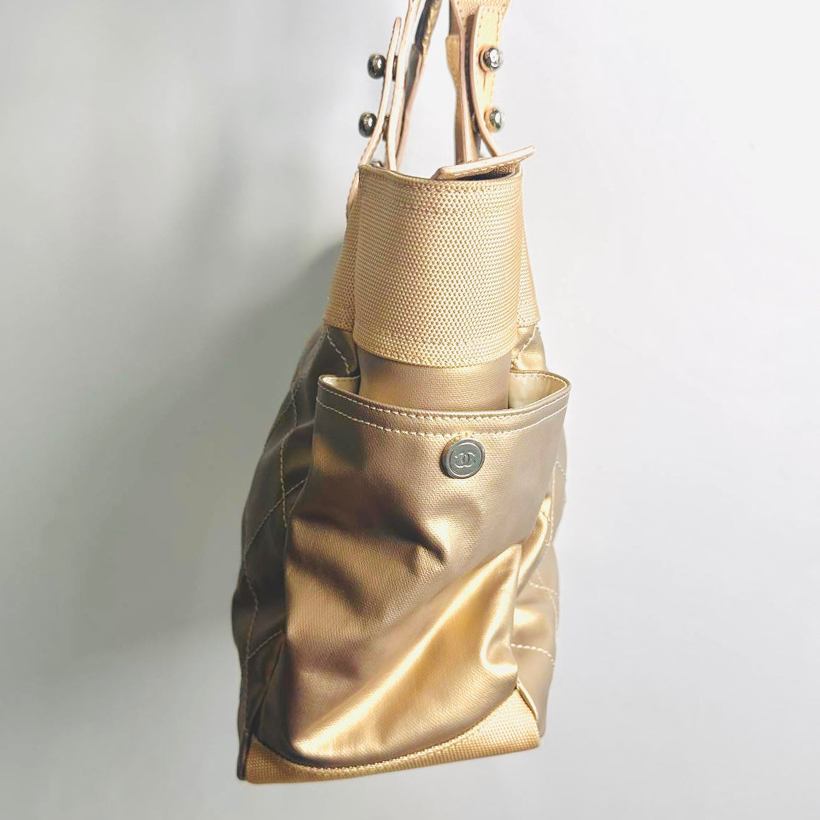 Chanel Beige Taupe Paris Biarritz CC Monogram Logo Quilted Fabric & Leather Shopper Shoulder Tote Bag With Pockets 11s