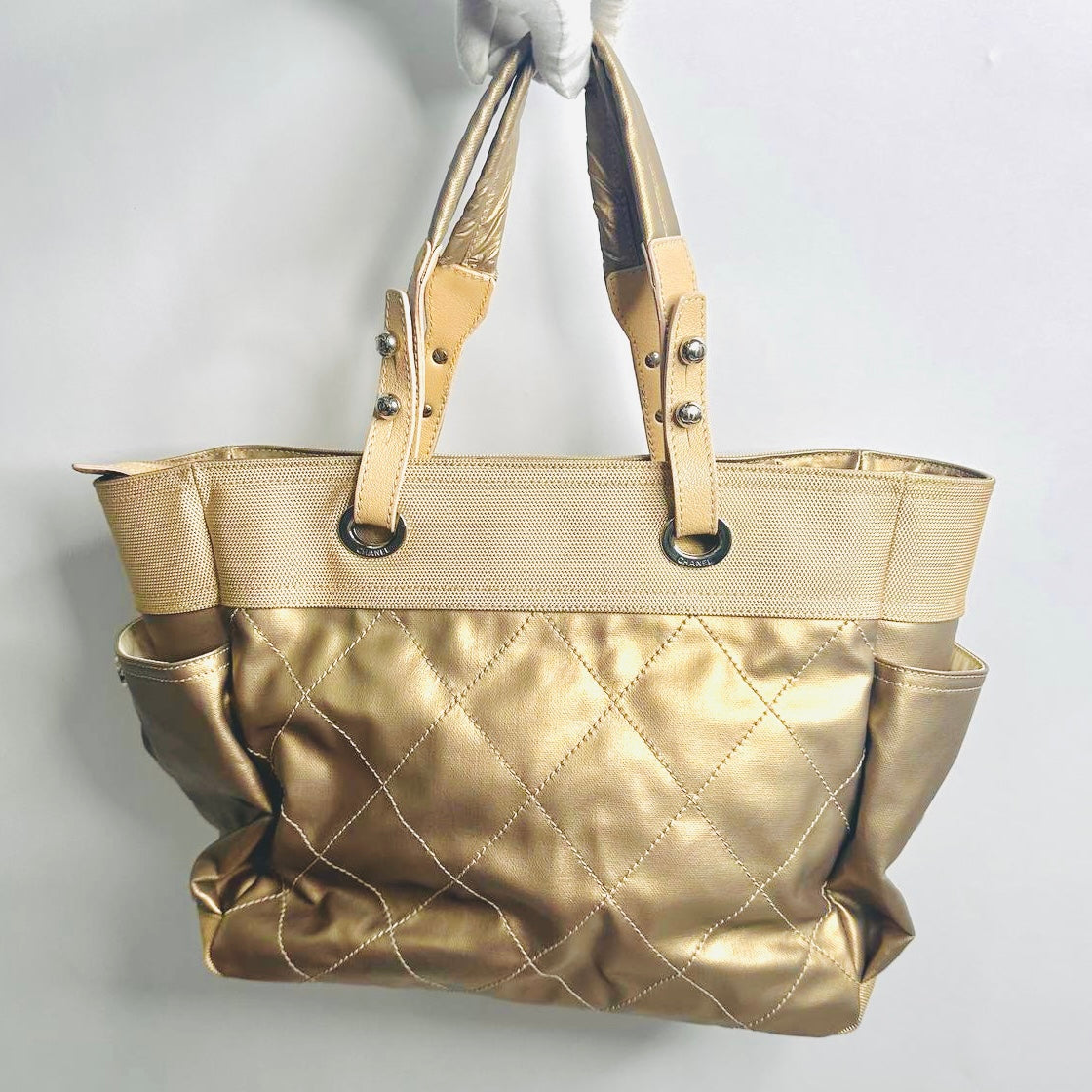 Chanel Beige Taupe Paris Biarritz CC Monogram Logo Quilted Fabric & Leather Shopper Shoulder Tote Bag With Pockets 11s