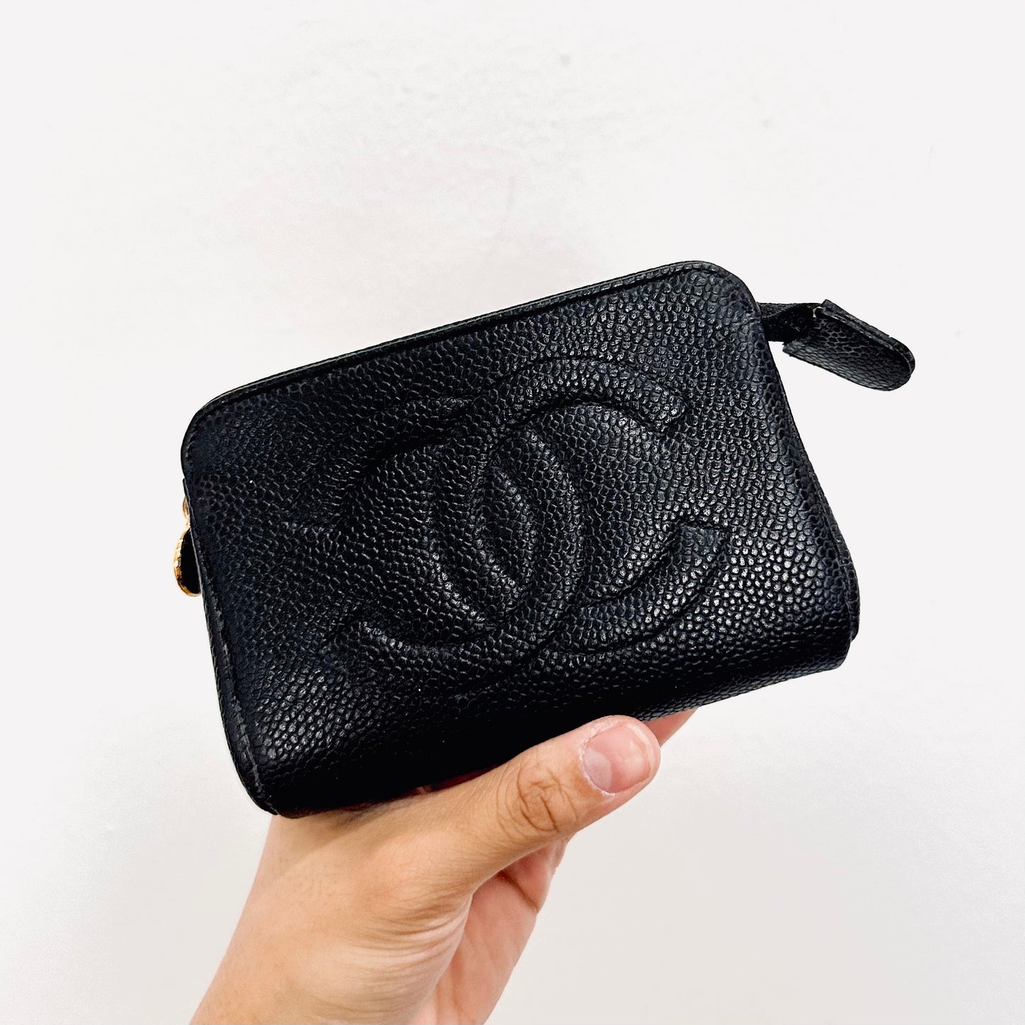 Chanel Black GHW Caviar Giant CC Monogram Logo Zip Pouch Clutch Case 4s