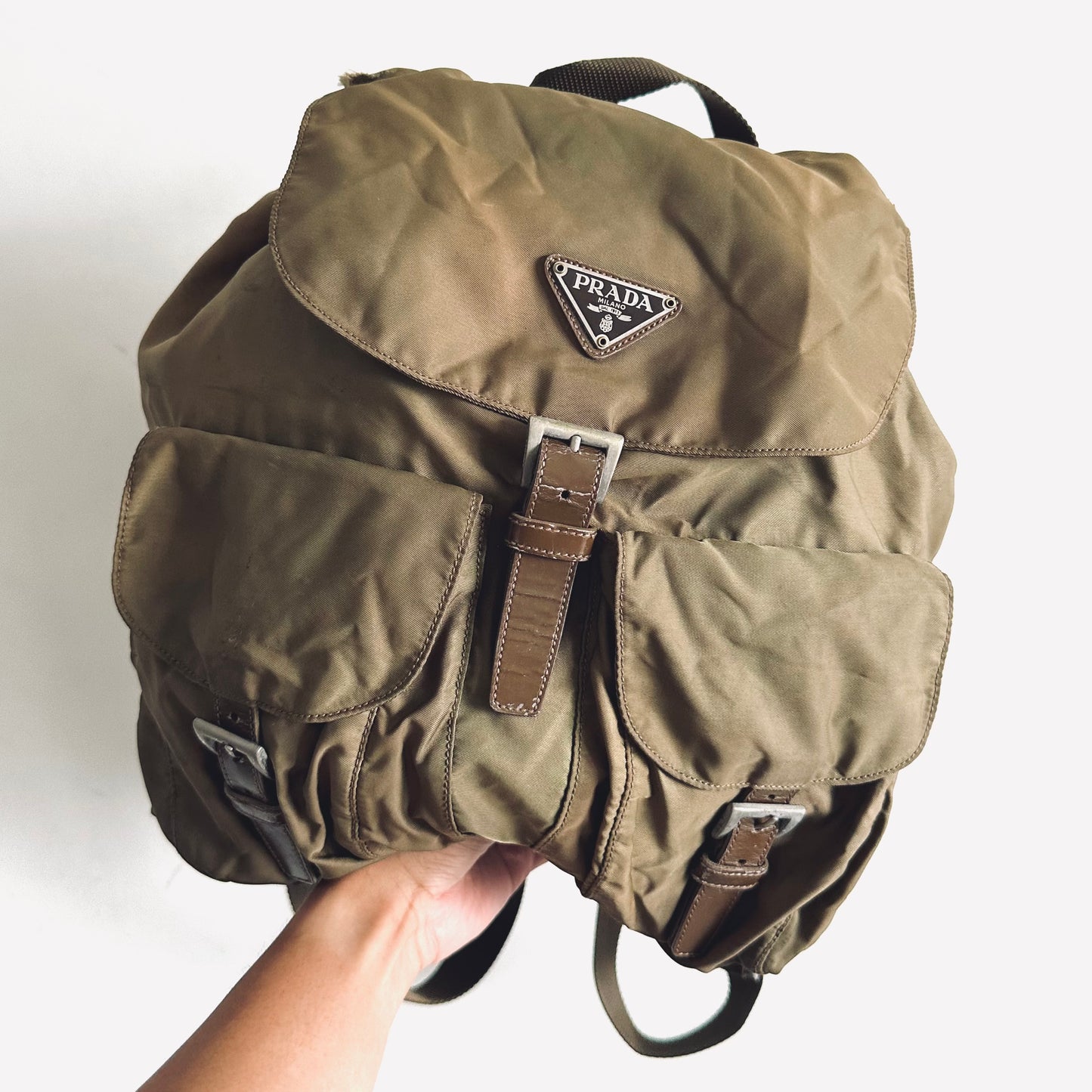 Prada Tessuto Khaki Logo Classic Nylon & Leather Backpack Drawstring Bag