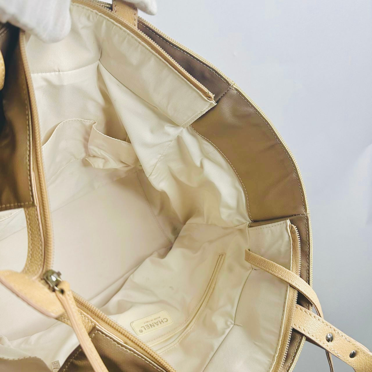 Chanel Beige Taupe Paris Biarritz CC Monogram Logo Quilted Fabric & Leather Shopper Shoulder Tote Bag With Pockets 11s