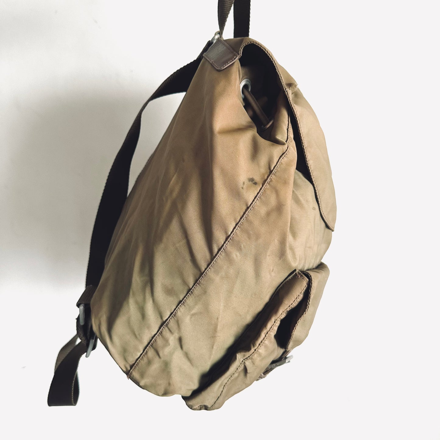 Prada Tessuto Khaki Logo Classic Nylon & Leather Backpack Drawstring Bag