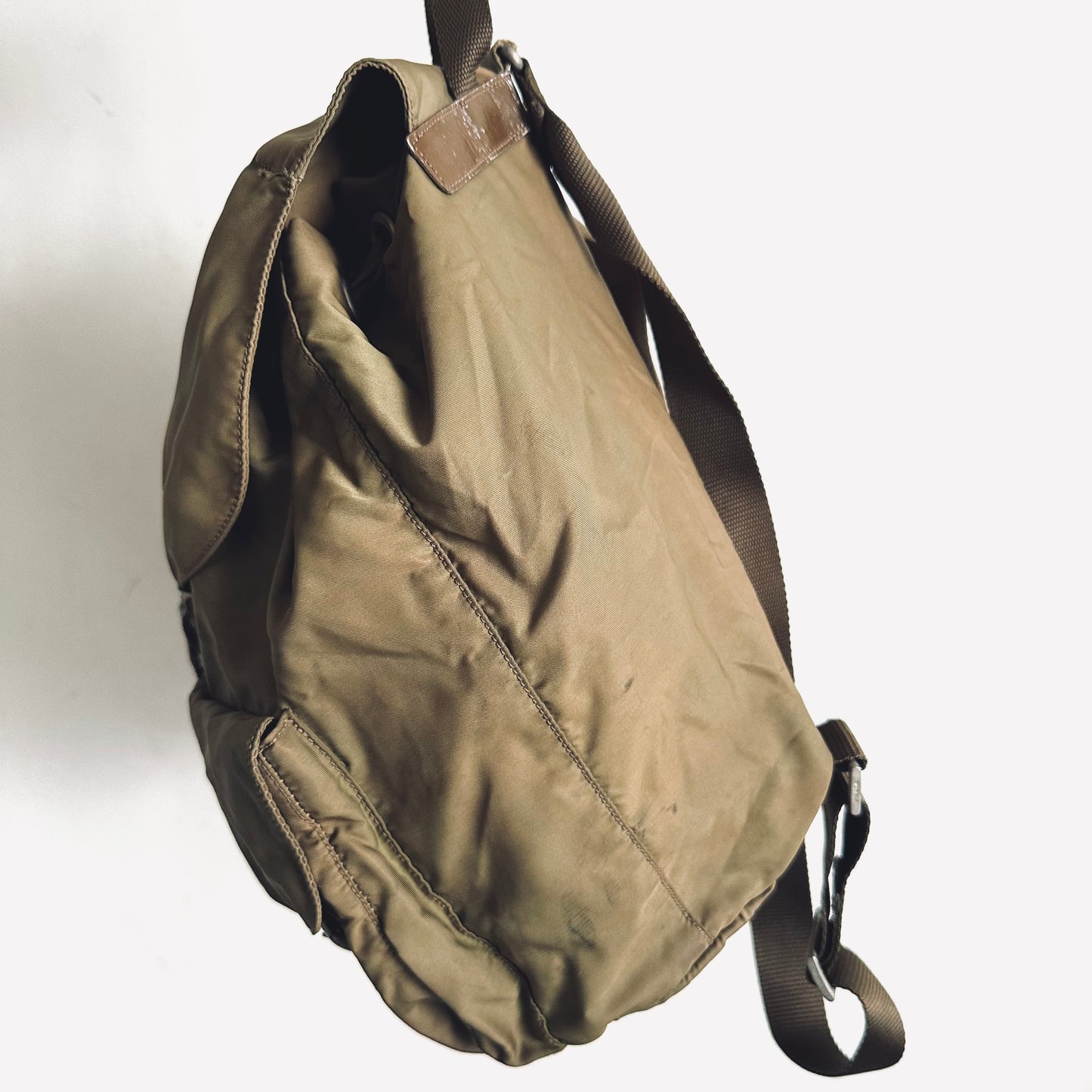 Prada Tessuto Khaki Logo Classic Nylon & Leather Backpack Drawstring Bag