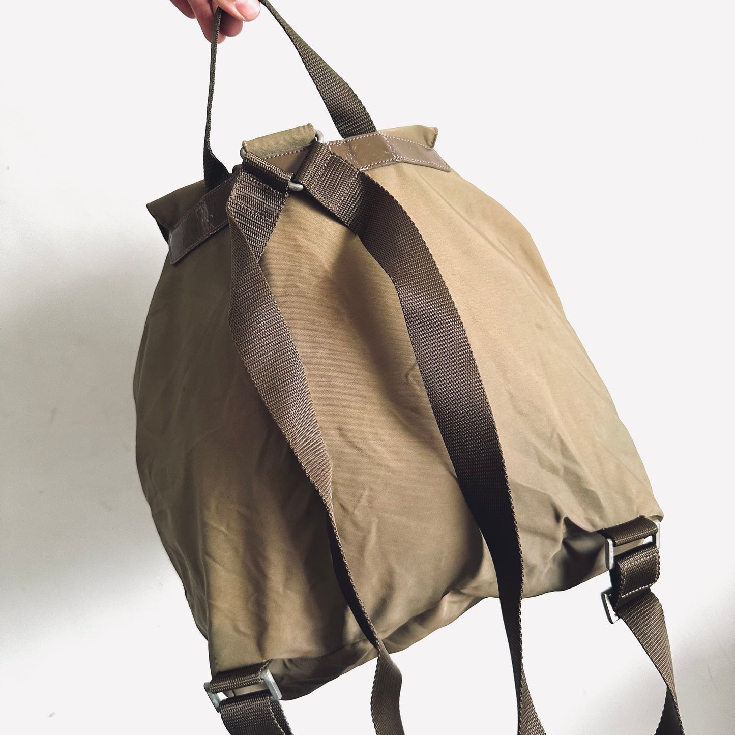 Prada Tessuto Khaki Logo Classic Nylon & Leather Backpack Drawstring Bag