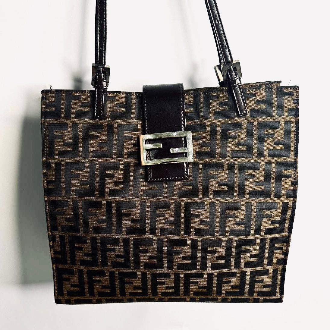 Fendi Zucca Mamma Brown Giant FF Monogram Logo Shopper Shoulder Flap Zucchino Tote Bag