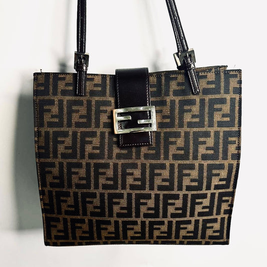 Fendi Zucca Mamma Brown Giant FF Monogram Logo Shopper Shoulder Flap Zucchino Tote Bag