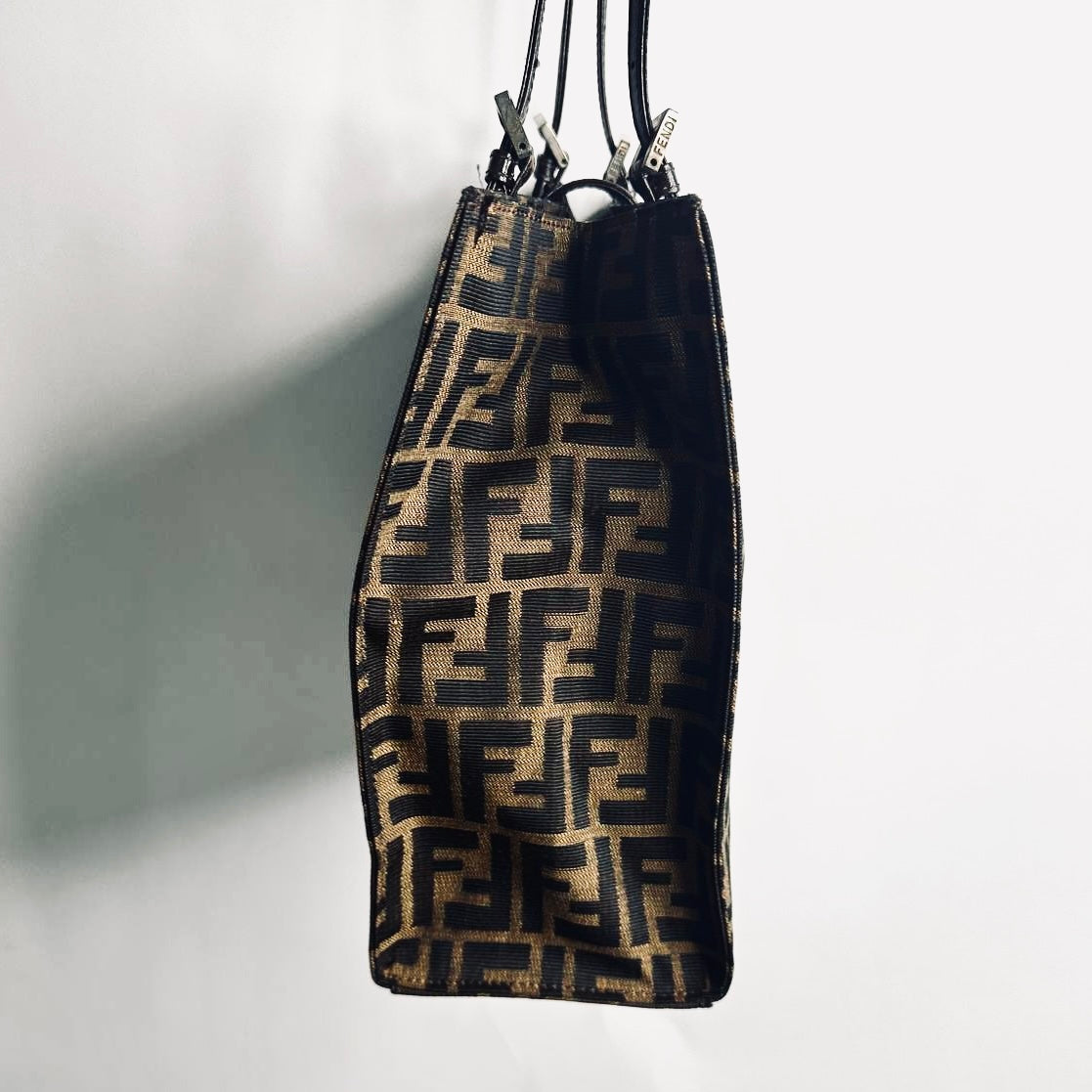 Fendi Zucca Mamma Brown Giant FF Monogram Logo Shopper Shoulder Flap Zucchino Tote Bag