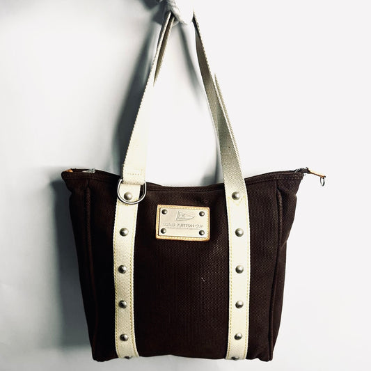 Louis Vuitton LV Antigua MM Brown Club Monogram Logo Top Handle Shoulder Shopper Tote Bag