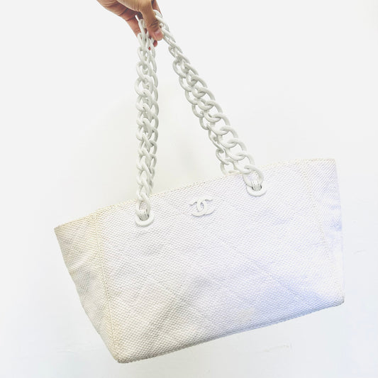 Chanel White CC Monogram Logo Quilted Straw Vintage Shopper Shoulder Chain Tote Bag 8s