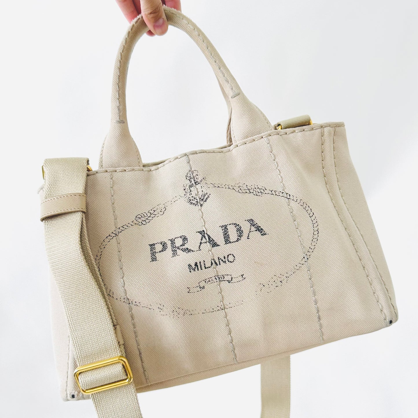 Prada Beige Taupe GHW Canapa Classic Logo 2-Way Structured Shopper Shoulder Sling Tote Bag