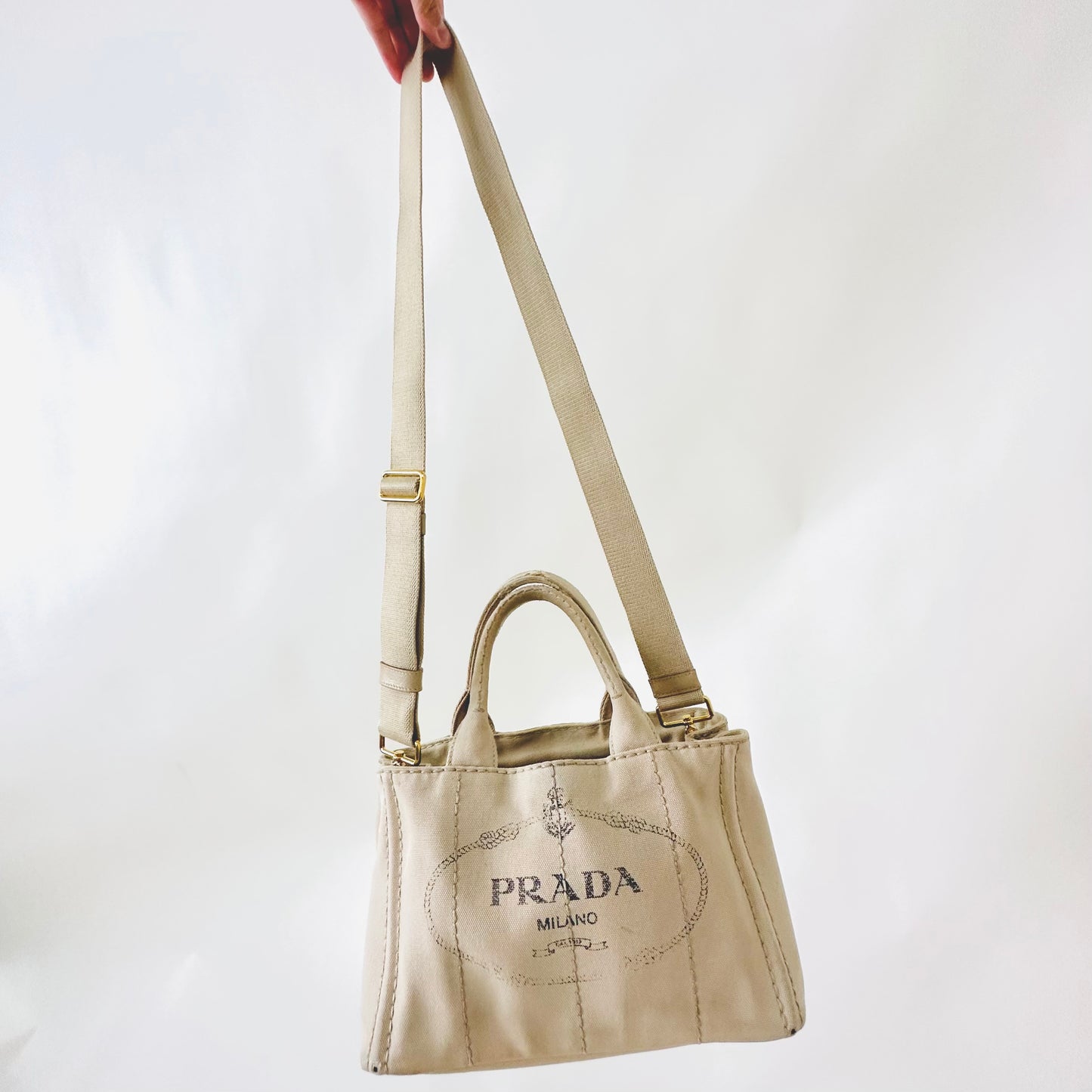 Prada Beige Taupe GHW Canapa Classic Logo 2-Way Structured Shopper Shoulder Sling Tote Bag