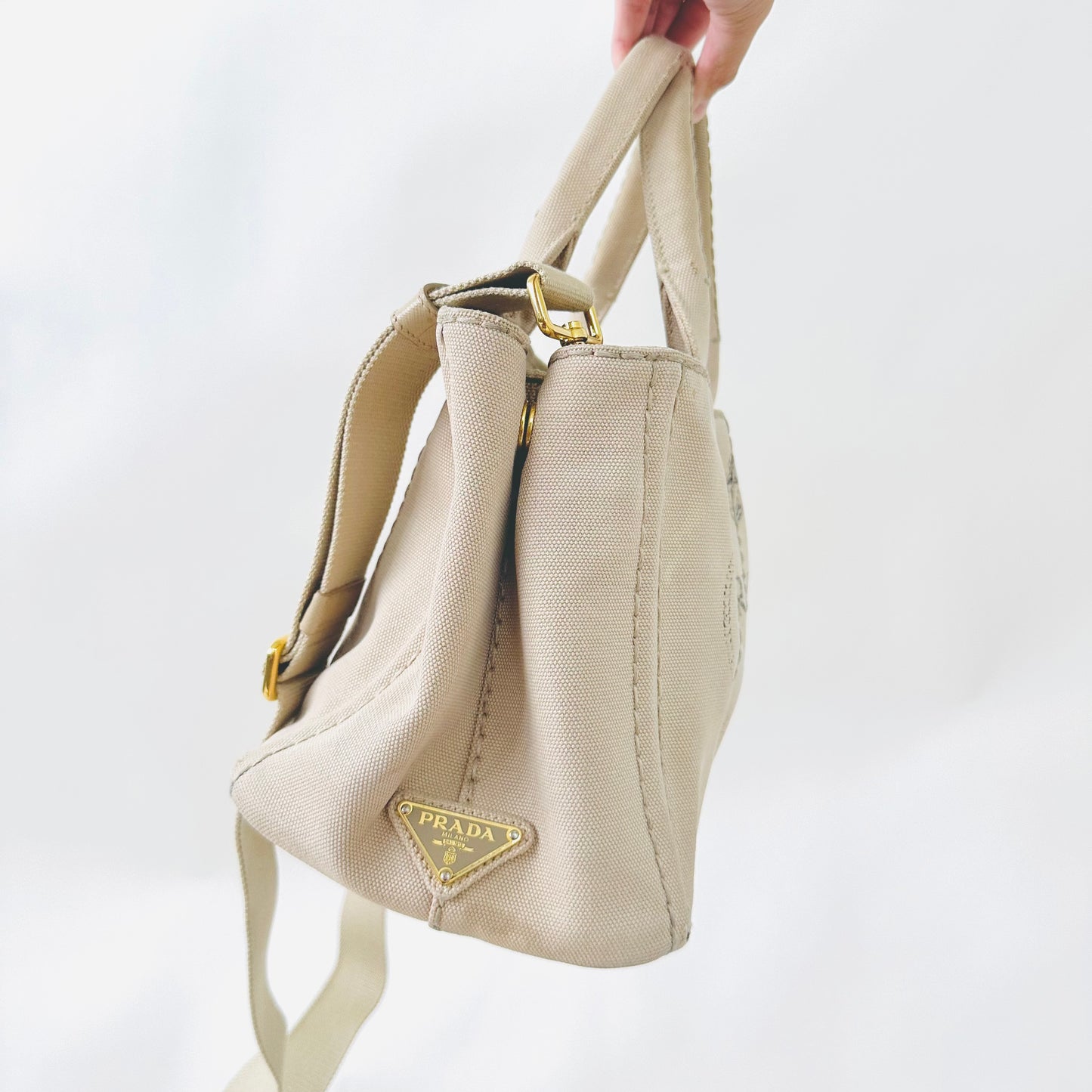 Prada Beige Taupe GHW Canapa Classic Logo 2-Way Structured Shopper Shoulder Sling Tote Bag