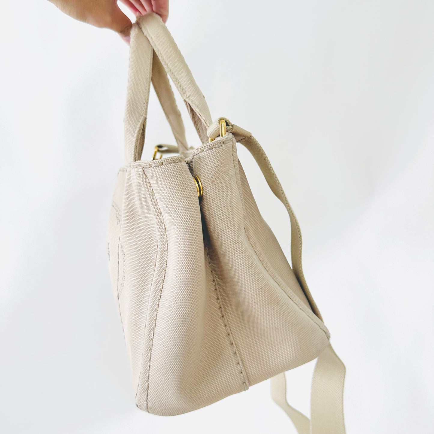 Prada Beige Taupe GHW Canapa Classic Logo 2-Way Structured Shopper Shoulder Sling Tote Bag