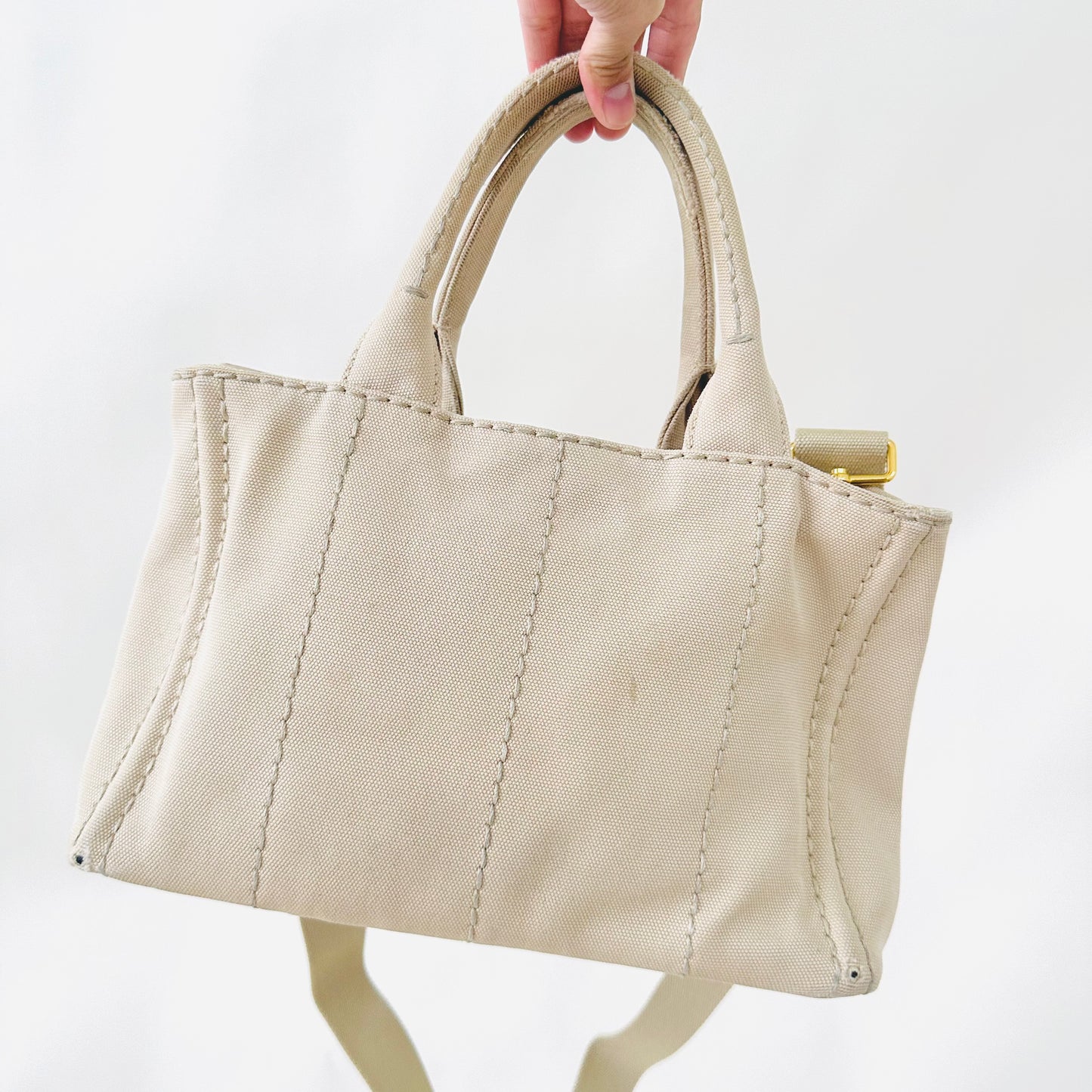 Prada Beige Taupe GHW Canapa Classic Logo 2-Way Structured Shopper Shoulder Sling Tote Bag